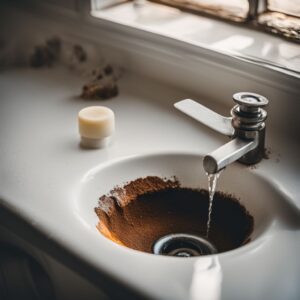 Close-up of a stuck sink stopper preventing water drainage