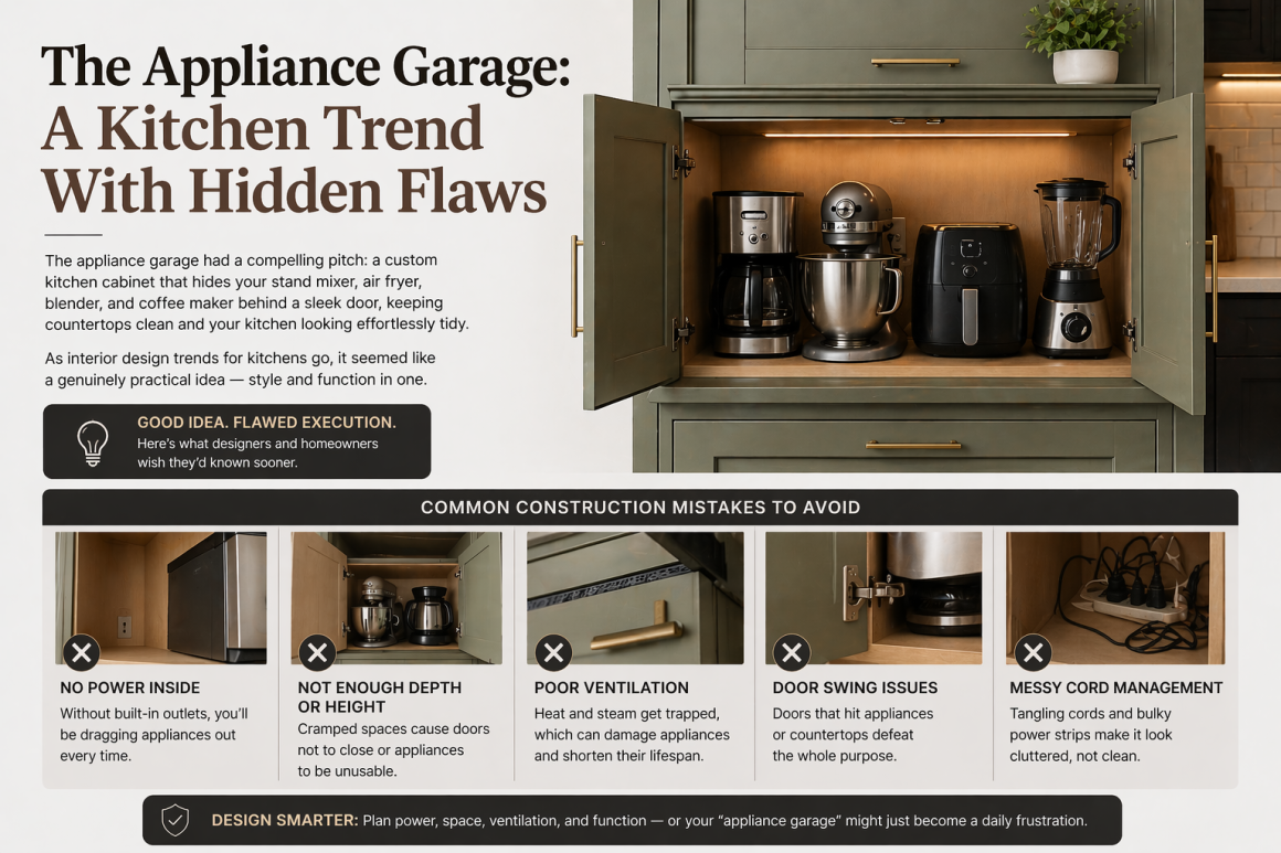 Kitchen appliance garage interior design trend, common construction mistakes to avoid